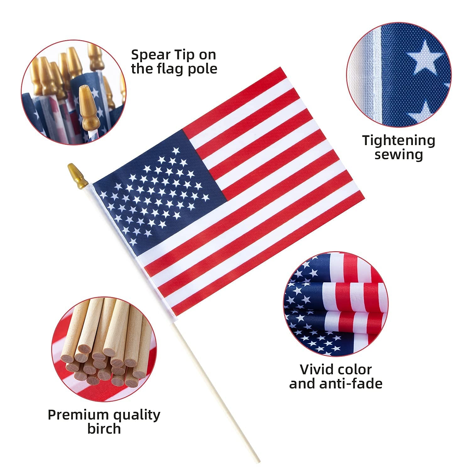 phemera, Small American 4X6 Inch Flags-50 Pack, Handheld American Flag/Us Flag, for 4Th of July Decorations, Patriotic Decorations, Party Decorations and Parades， with Kid Safe Golden Spear Top