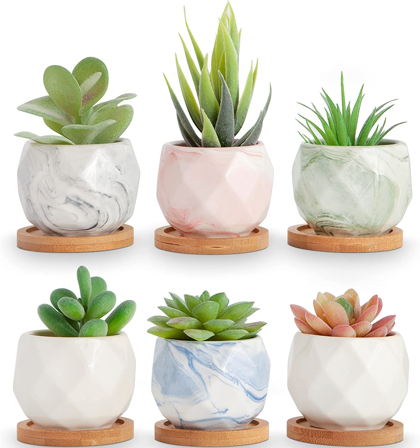 ilohaus, Small Succulent Pots, Small Planters for Indoor Plants, Cute Plant Pots Set of 6 with Plant Saucer, Ceramic Planter with Bamboo Saucers, Mini Pots for Plants, Home Decor Cactus Pot