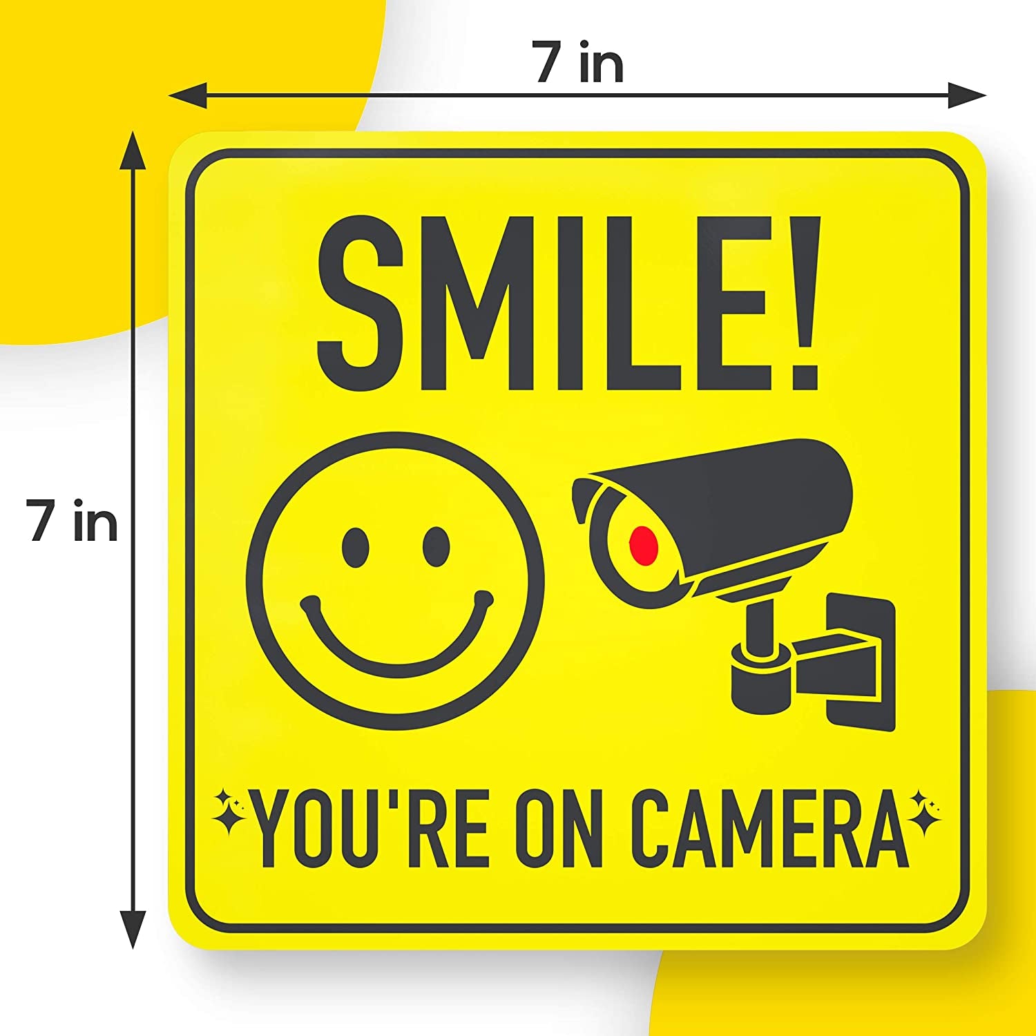ASSURED SIGNS, Smile You'Re on Camera Sign Stickers - 7 X 7 Inch - 8 Pack - Polite Video Surveillance Signs to Prevent Trespassing on Private Property - Perfect for House, Business, Yard or Private Driveway
