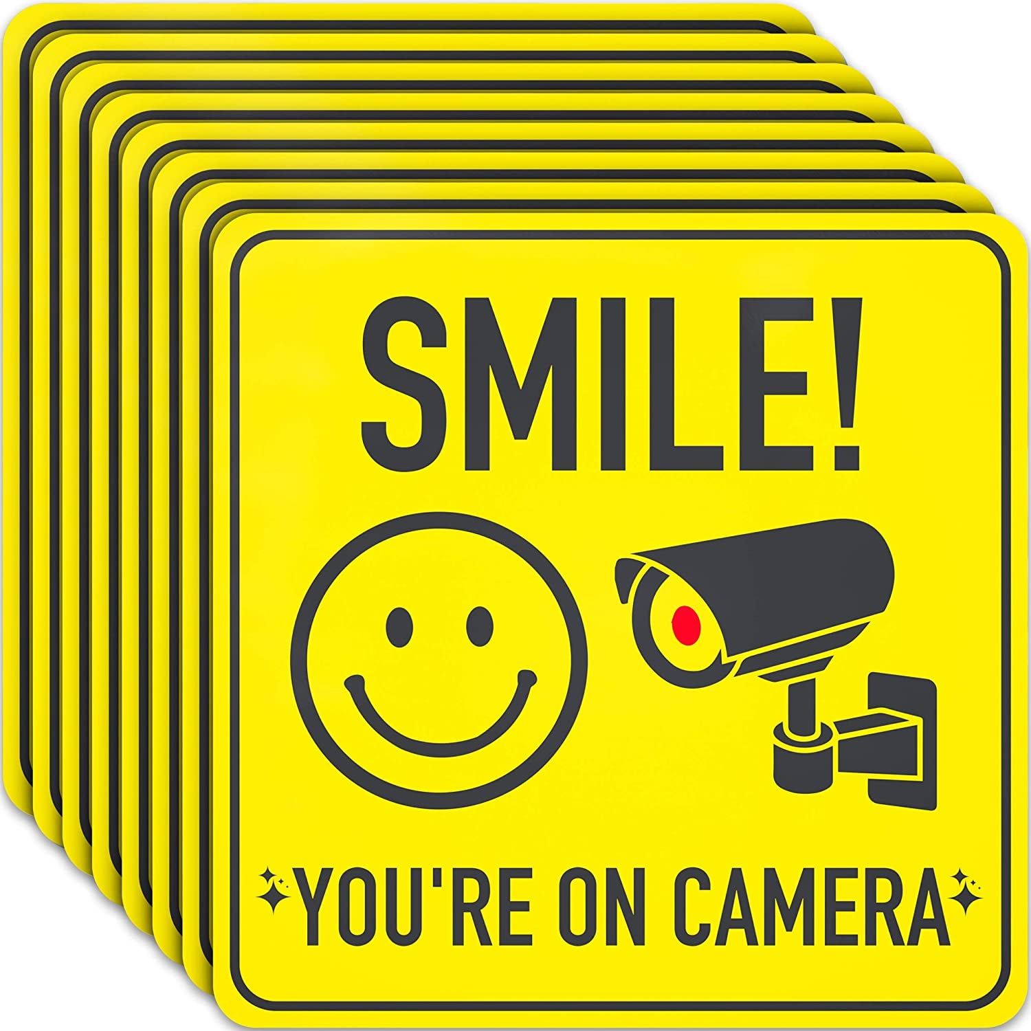 ASSURED SIGNS, Smile You'Re on Camera Sign Stickers - 7 X 7 Inch - 8 Pack - Polite Video Surveillance Signs to Prevent Trespassing on Private Property - Perfect for House, Business, Yard or Private Driveway