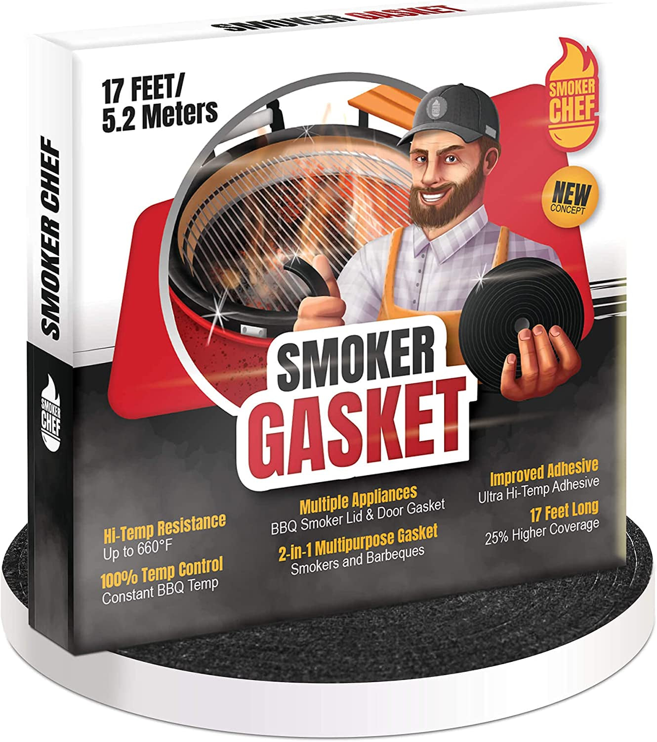 Smoker Chef, Smoker Chef Smoker Gasket – 0.6’’ Wide 0.2’’ Thick High Temp Seal Grill Gasket – 17 FT Long Self Stick Black Nomex Tape Gaskets for Smokers and BBQ Lid – Heat Seal Material Replacement