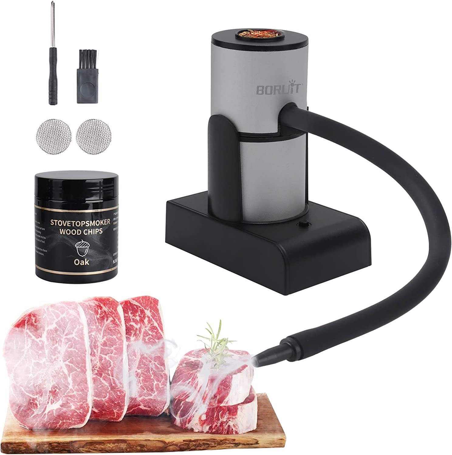BORUIT, Smoking Gun Food Smoker Portable Wood Cocktails Smoke Infuser with 90G Oak Wood Chip,Handheld Food Kitchen Smoker for Sous Vide Meat Salmon Cocktails Drink Cheese BBQ Grill,Perfect for Foodie Gifts（Silver)