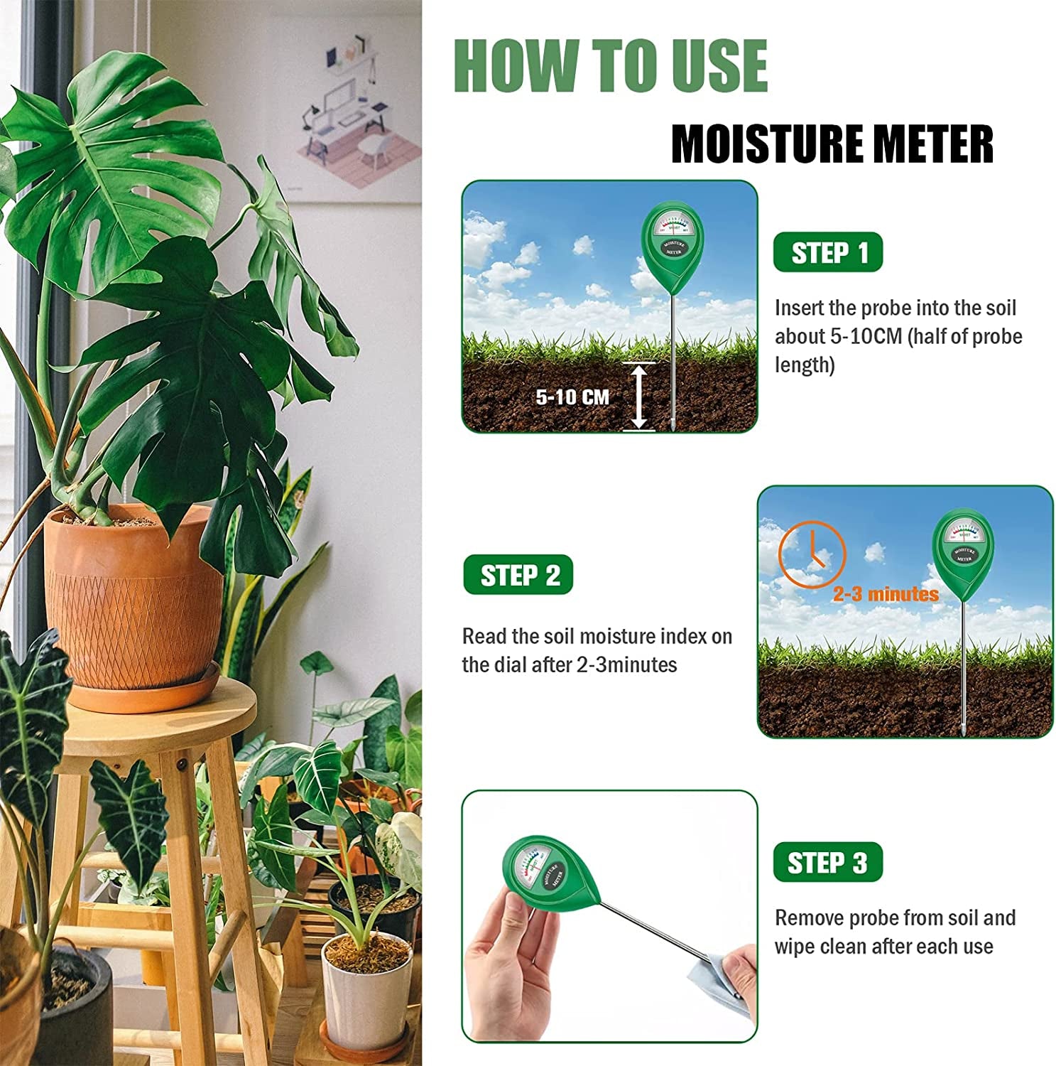 croch, Soil Moisture Meter Plant Soil Tester for Plant Care, Gardening, Farming, Indoor & Outdoor Use - No Battery Needed