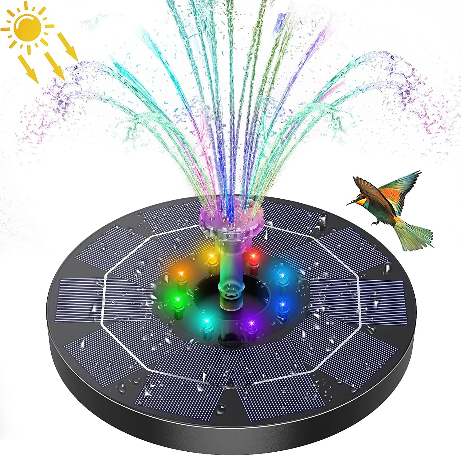 TGAHTMI, Solar Fountain 3.5W Bird Bath Fountain 7 Colors Leds Lights Upgraded Solar Powered Water Fountain Pump with 6 Nozzles for Outdoor, Pond, Pool, Fish Tank, Patio, Garden Decoration